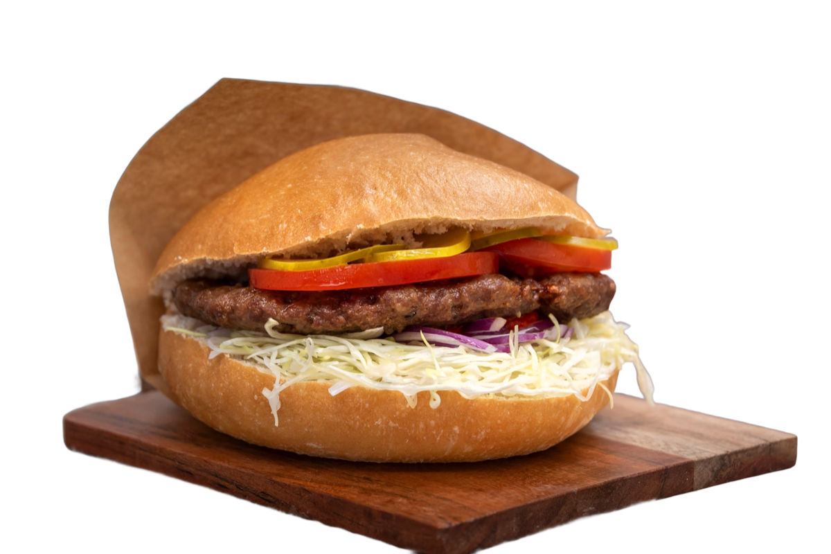Balkan Burger — flame-grilled beef patty from Balkan Bites, Broken Arrow