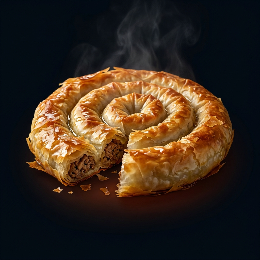Bosnian meat burek — coiled flaky phyllo pastry filled with seasoned beef