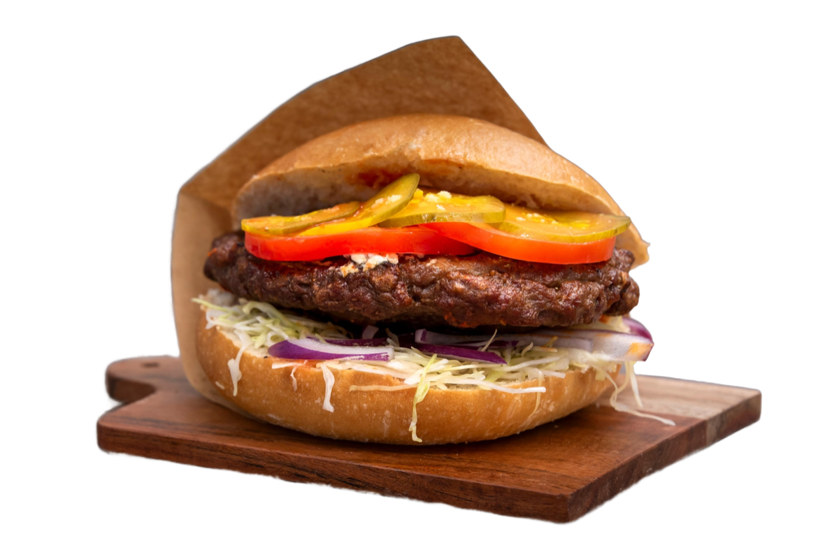 Double Balkan Burger — two flame-grilled beef patties from Balkan Bites
